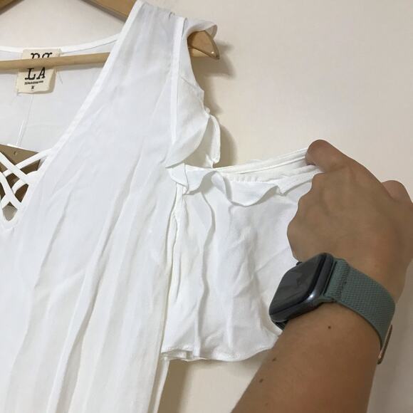 new PQ LA cream beige off-white cold shoulder flutter sleeve boho blouse top - Picture 6 of 6